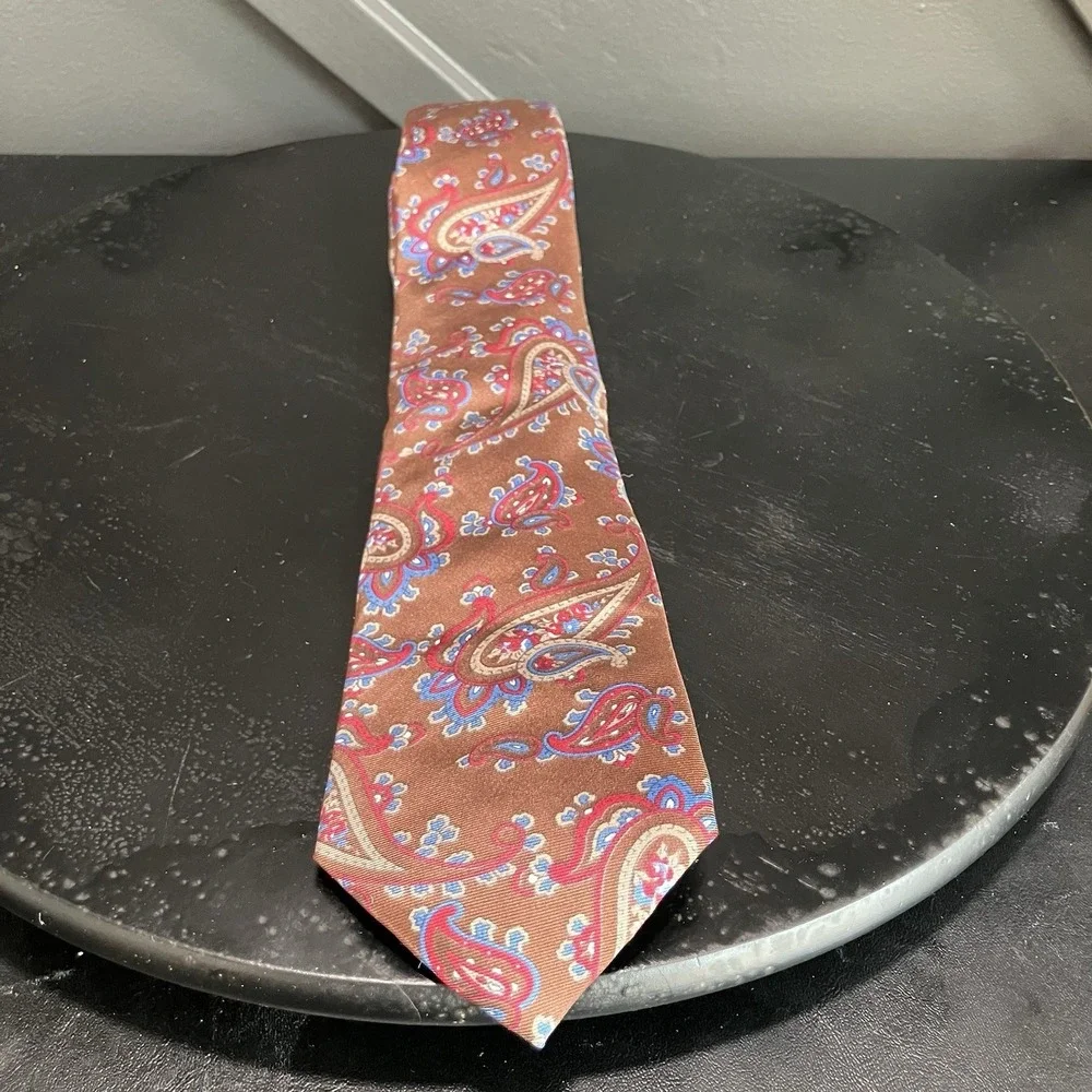 Christian Dior 100% Silk Paisley Necktie Brown Red Blue Made USA Woven Italy